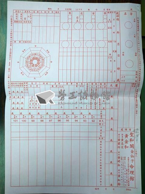 「聖和閣金仙子命理館」命理批算單藏品圖，第1張