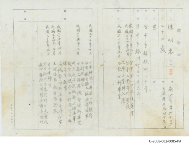 陳明峯於1946年回臺後撰寫之履歷表的圖片