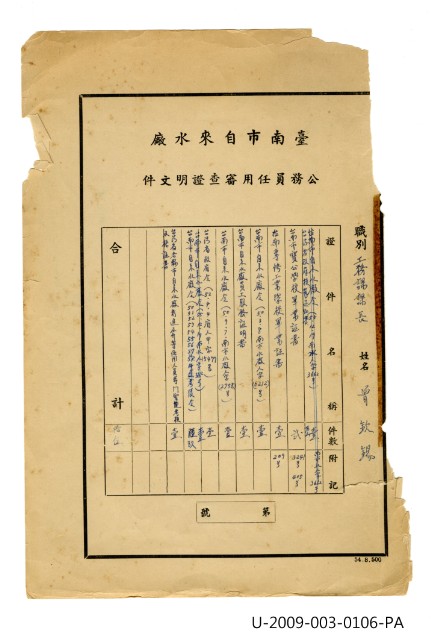 曾欽錫《臺南市自來水廠公務員任用審查證明文件》的圖片