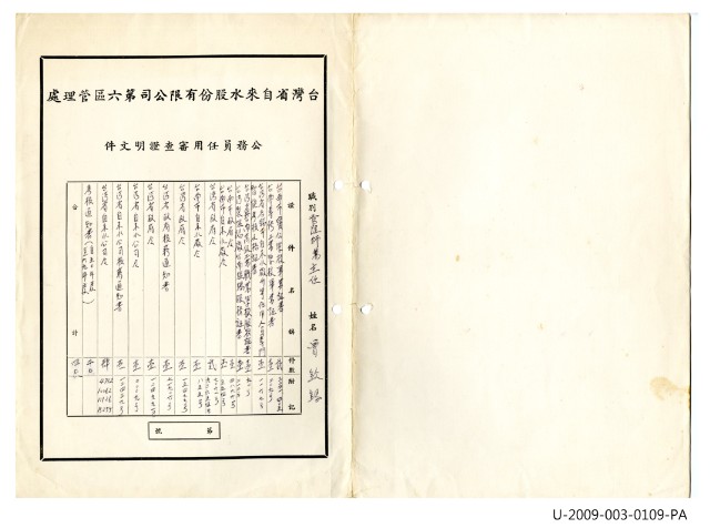 曾欽錫《臺灣省自來水股份有限公司第六區管理處公務員任用審查證明文件》封面的圖片