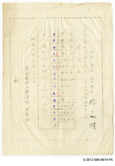 楊文明機械工程科第二學年第一學年成績表的圖片