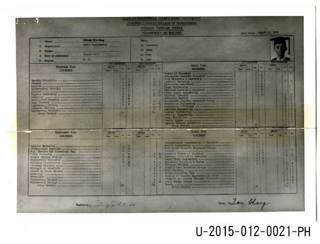 Taiwan Provincial Cheng Kung University (Formerly Taiwan College of Engineering) Tainan, Taiwan, China Transcript of Record