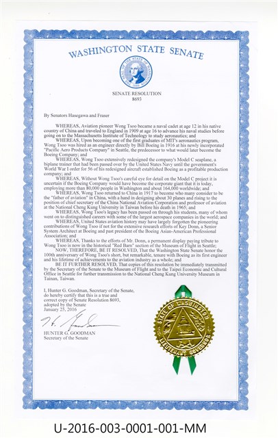 Washington State Senate Resolution 8693, honoring Wong Tsoo