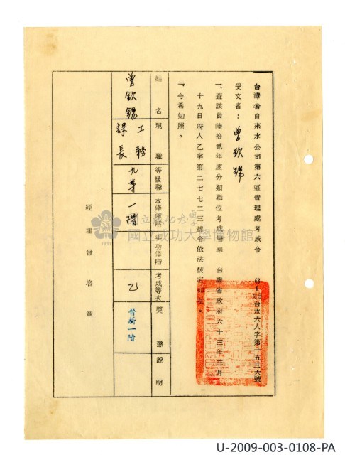 曾欽錫《臺灣省自來水股份有限公司第六區管理處公務員任用審查證明文件》藏品圖，第34張