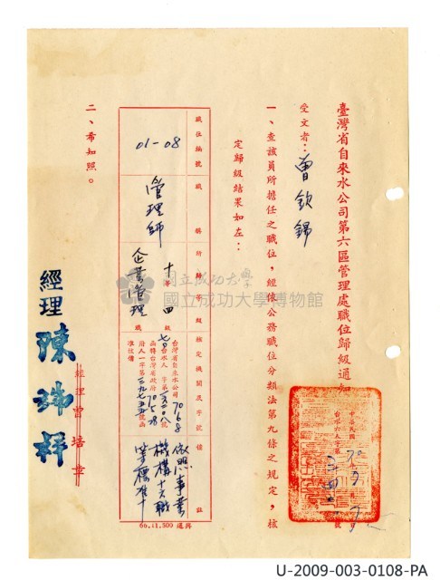 曾欽錫《臺灣省自來水股份有限公司第六區管理處公務員任用審查證明文件》藏品圖，第20張