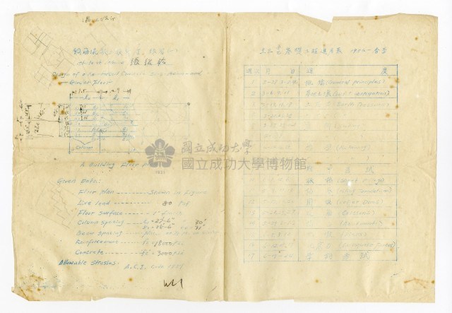張紹竑「基礎工程」課程進度表、「鋼筋混凝土設計Ⅰ」課程練習題藏品圖，第1張