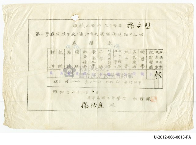 楊文明機械工程科第二學年第一學期成績表藏品圖，第1張