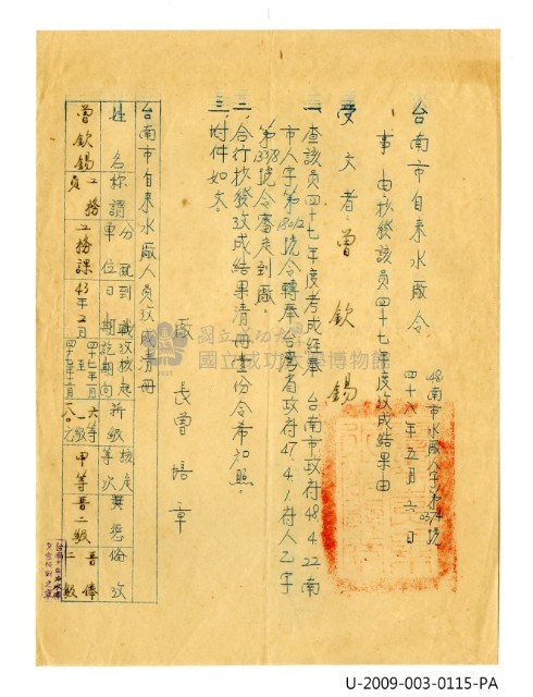 曾欽錫《台南市自來水廠令》藏品圖，第1張