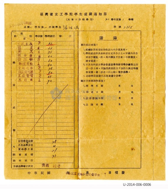 臺灣省立工學院學生成績通知單 四十二學年度第一學期藏品圖，第2張