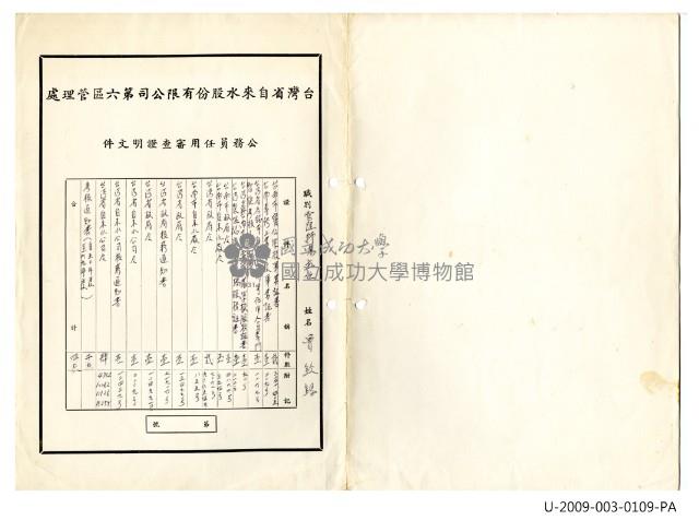 曾欽錫《臺灣省自來水股份有限公司第六區管理處公務員任用審查證明文件》封面藏品圖，第1張
