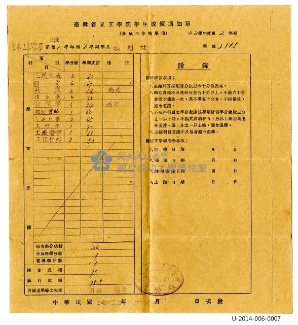 臺灣省立工學院學生成績通知單藏品圖，第2張