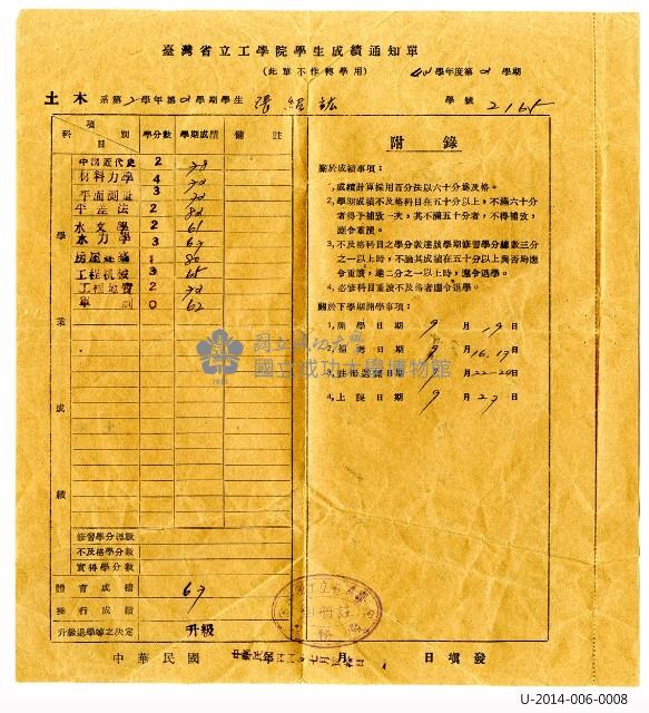 臺灣省立工學院學生成績通知單 四十三學年度第一學期藏品圖，第2張