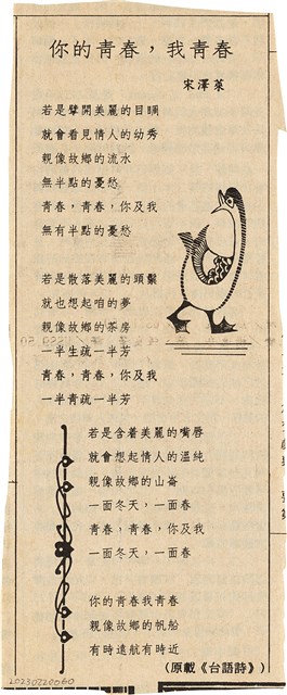 剪報資料「你的青春，我青春 / 宋澤萊」的圖片
