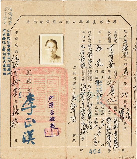 吳聲潤國防部台灣軍人監獄開釋證明書（1962年11月19日 ）的圖片