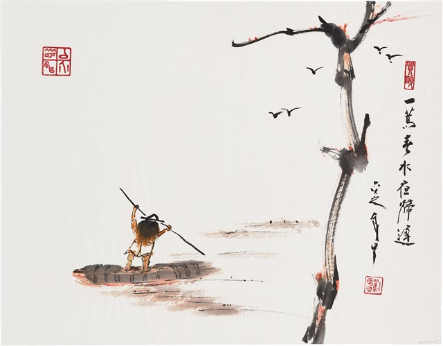 劉辰旦畫作〈一嵩春水夜歸遲〉的圖片