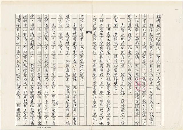 張玉楨撰〈桃園縣立內壢國民中學活動中心落成記〉（1981年8月）藏品圖，第3張