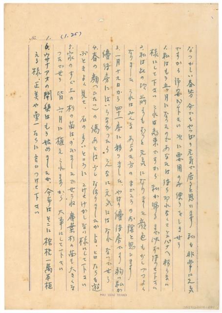 1月25日高一生寄春芳書信藏品圖，第1張