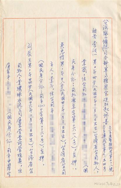臺灣警備總司令部61年警檢訴字第028號追加起訴書手抄本藏品圖，第1張