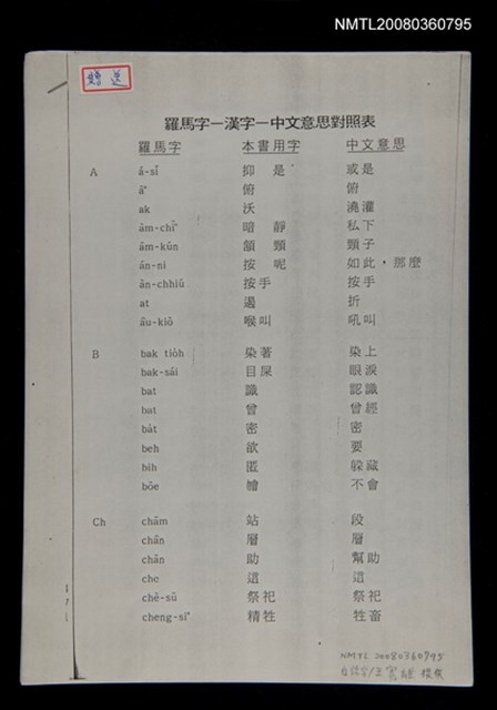 主要名稱：無題名：羅馬字-漢字-中文意思對照表（影本）/其他-其他名稱：無題名：Lô-má-j, hàn-jī,  tiong-bûn ì-sù tùi-chiàu-pió圖檔，第1張，共11張