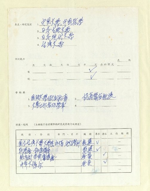 主要名稱：漢學人才檔調查表 黃得時圖檔，第2張，共4張