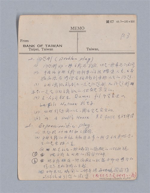 主要名稱：第一編現代戲劇的幾種類型/劃一題名：現代戲劇授課筆記圖檔，第22張，共110張
