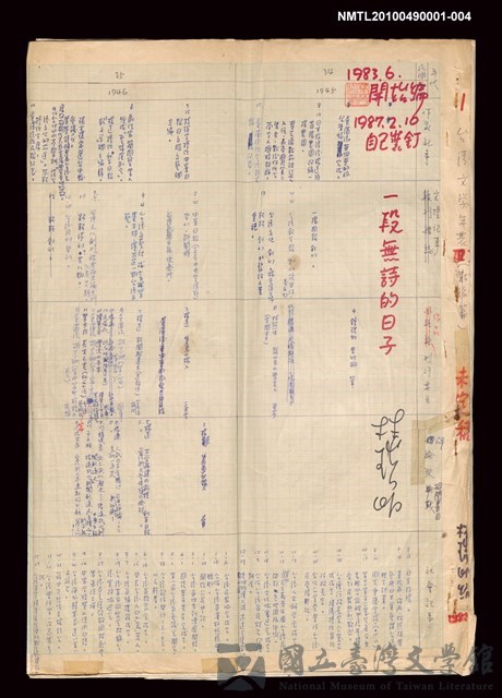 主要名稱：台灣文學史年表（1945-1985）的藏品圖