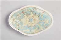 菱形青底黃粉花紋瓷碟藏品圖，第3張