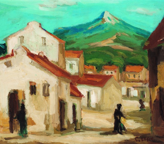 Street Scene With Colorful Mountains