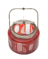 金屬提梁帶蓋紅色花飾透明玻璃矮罐藏品圖，第2張