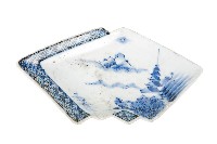 青花山水樓閣襷紋雙結型皿藏品圖，第1張