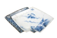 青花山水樓閣襷紋雙結型皿藏品圖，第1張