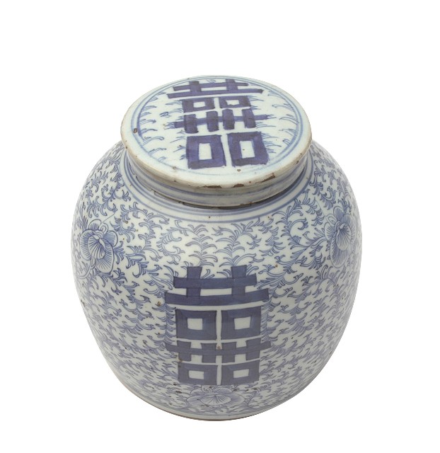 青花帶蓋囍字纏枝花卉紋罐的圖片