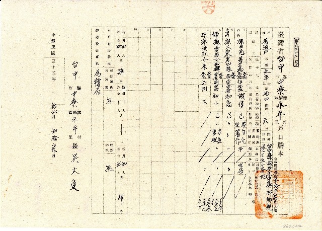 民國三十五年廖田元戶口謄本的圖片