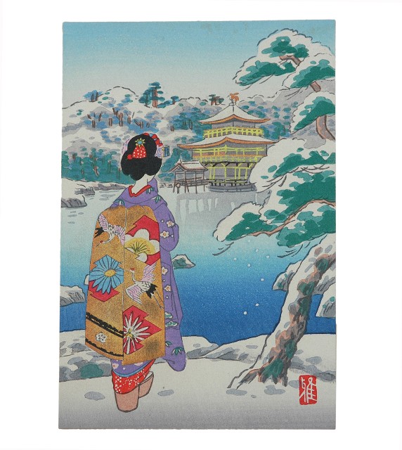 日本版畫風景明信片和服女性樣式