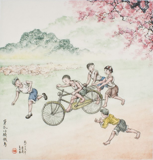 黃金田於丁亥年孟夏創作之穿孔仔騎鐵馬的圖片