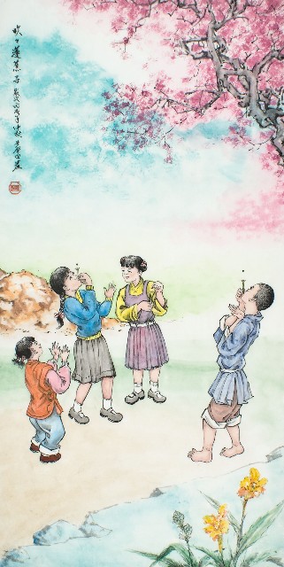黃金田於丙戌年仲秋創作之吹蓮蕉子的圖片