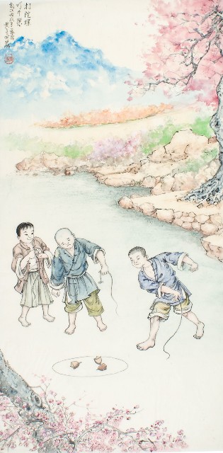 黃金田於丙戌年孟春創作之打陀螺（叮干樂）的圖片