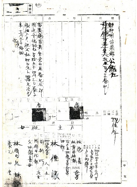 民國七十九年新竹州苗栗郡公館庄大坑第122番地警番號122戶長林禮讓之戶口調查表單影本的圖片