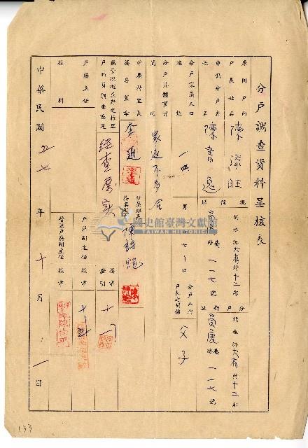 中華民國五十七年陳添旺分戶調查資料呈核表藏品圖，第1張