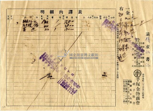 大正九年臺中手塚金物商會領收證明及明細藏品圖，第1張