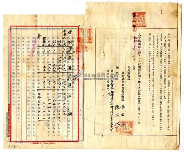 昭和十一年臺灣總督府交通局與陳火水訂定勞力供給契約書藏品圖，第3張