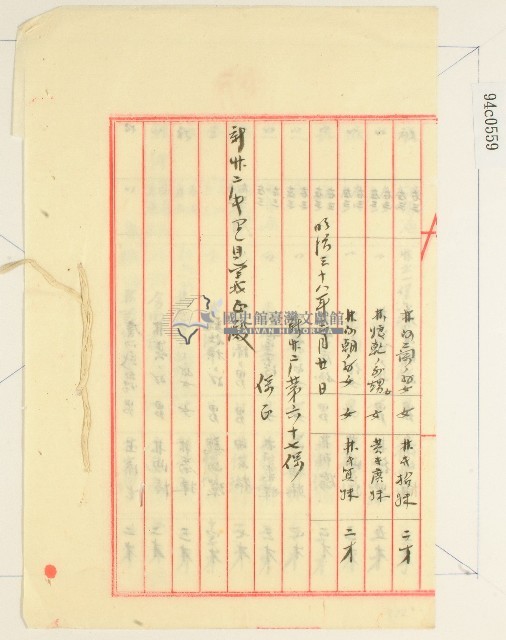 明治三十八年新竹廳竹北一堡六張犁庄第六十七保保正紀錄之春期種痘名冊藏品圖，第3張