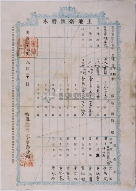 明治三十九年黃炳焜等土地臺帳謄本藏品圖，第3張