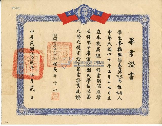 民國五十二年李福臨之國民學校畢業證書藏品圖，第1張