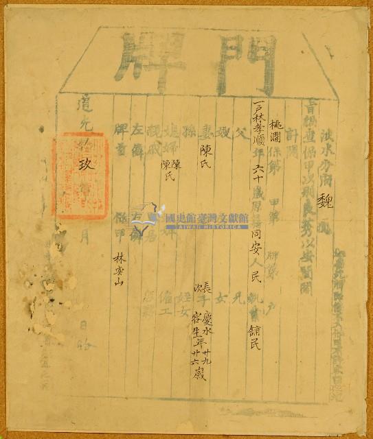 道光十九年淡水分府魏稽查地方保甲後所發門牌藏品圖，第1張