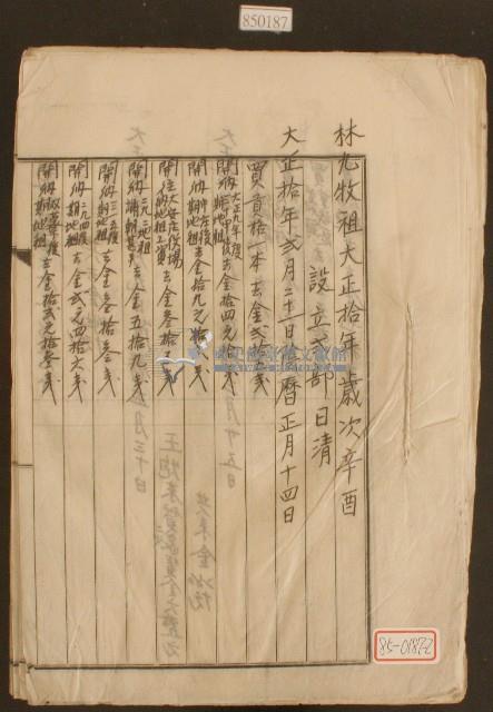 大正十年二月二十一日至五月二日林九牧祖收支簿內頁藏品圖，第1張