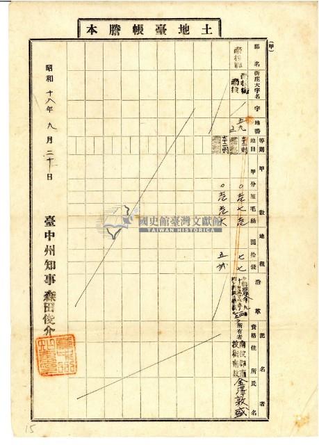 昭和十八年金澤敦盛土地臺帳謄本藏品圖，第1張