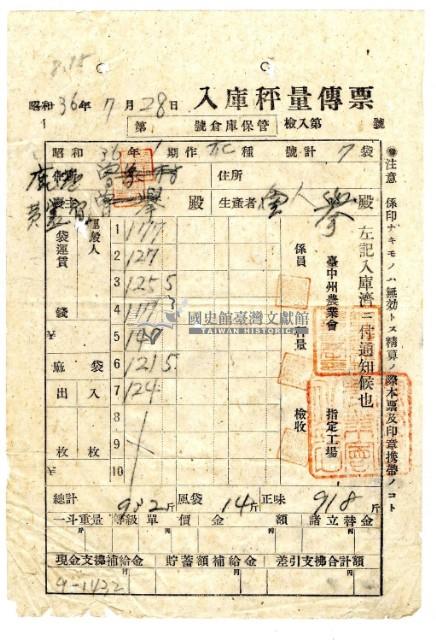 民國三十六年臺中縣農業會發給鹿港黃憲宜入庫秤量傳票藏品圖，第1張