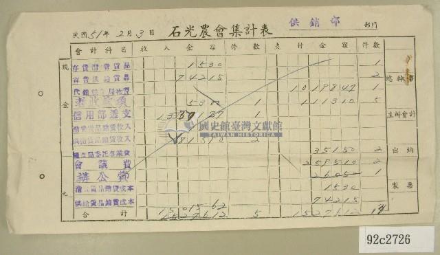 民國五十一年石光農會集計表藏品圖，第1張