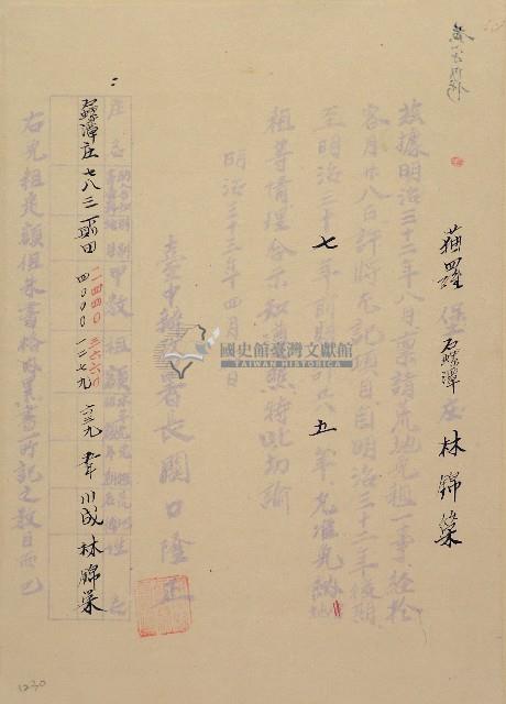 明治三十三年林錦榮荒地免租准許諭藏品圖，第1張